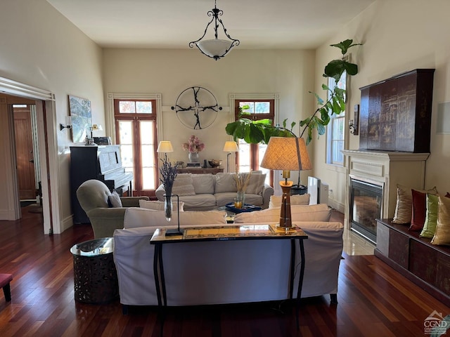 living room featuring plenty of natural light and dark wood-type flooring