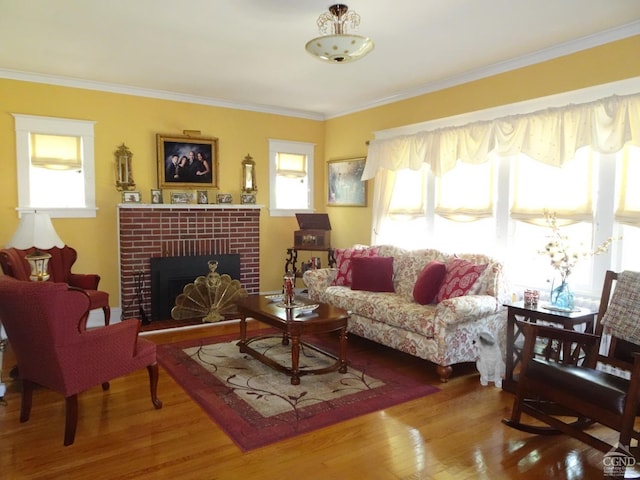 living room featuring crown molding, a fireplace, a healthy amount of sunlight, and wood-type flooring