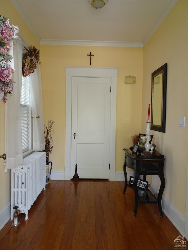 foyer entrance with radiator heating unit, crown molding, and dark wood-type flooring