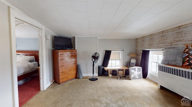 bedroom with ornamental molding, carpet, and radiator