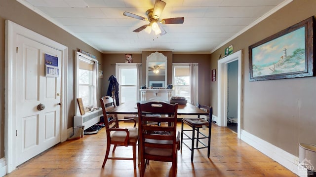 dining area with ceiling fan, plenty of natural light, crown molding, and light hardwood / wood-style floors