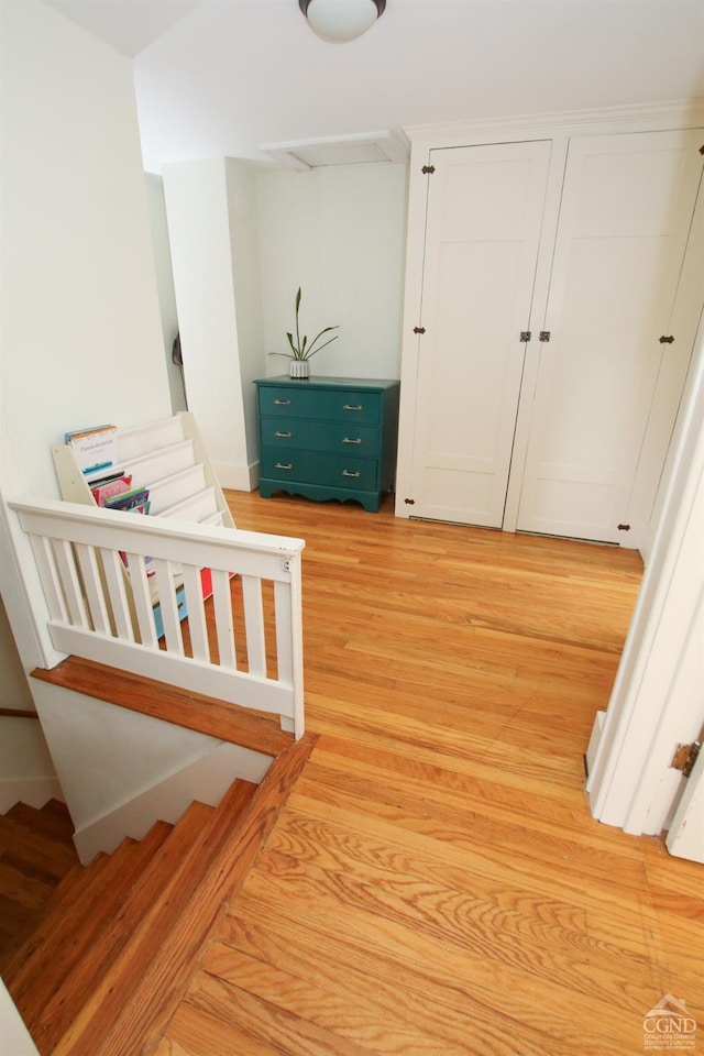 staircase with hardwood / wood-style flooring