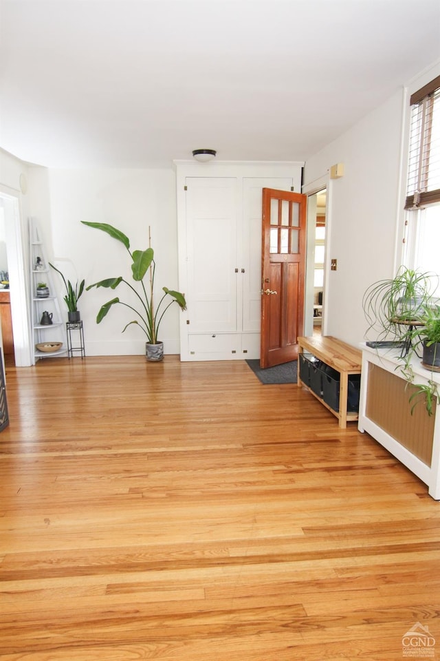 foyer entrance featuring radiator and light hardwood / wood-style flooring