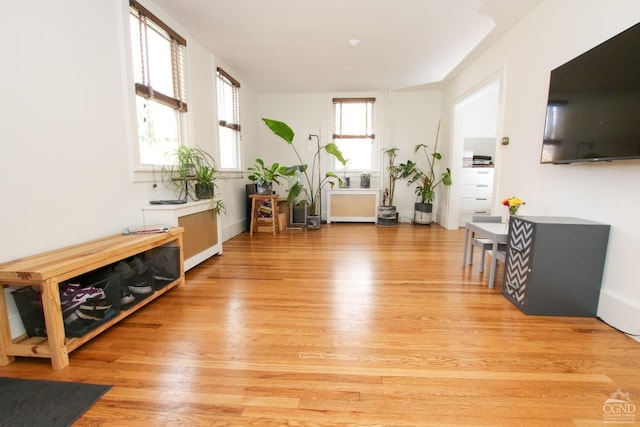 exercise area with light hardwood / wood-style floors and radiator