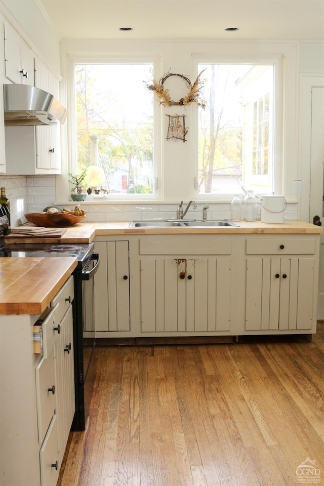 kitchen featuring sink, light hardwood / wood-style flooring, butcher block countertops, black / electric stove, and exhaust hood