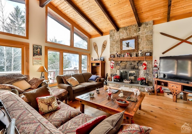 living room with beam ceiling, a fireplace, high vaulted ceiling, and hardwood / wood-style flooring