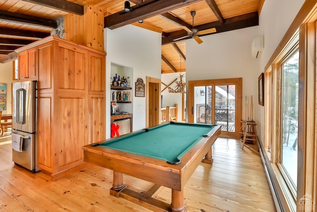 playroom with high vaulted ceiling, light hardwood / wood-style floors, wooden ceiling, and billiards