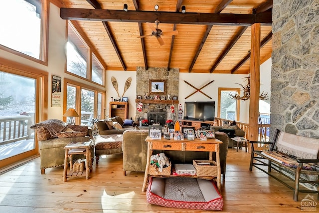 living room featuring plenty of natural light, high vaulted ceiling, and wood ceiling