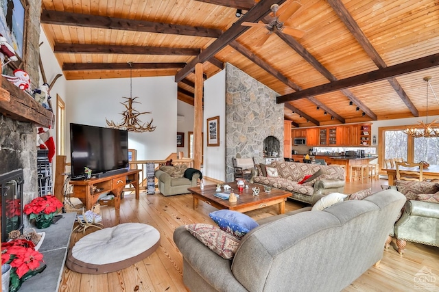 living room featuring ceiling fan with notable chandelier, beam ceiling, light wood-type flooring, and wooden ceiling