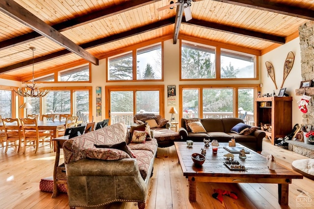 living room featuring wooden ceiling, light hardwood / wood-style floors, a chandelier, and a healthy amount of sunlight