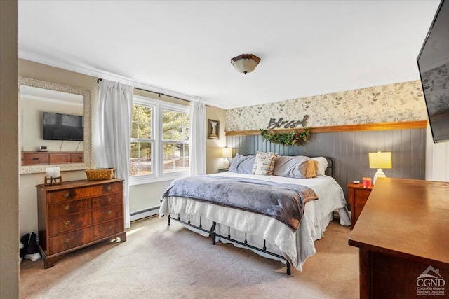 bedroom with carpet floors, wallpapered walls, crown molding, and a baseboard radiator