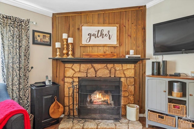 room details with a stone fireplace and crown molding