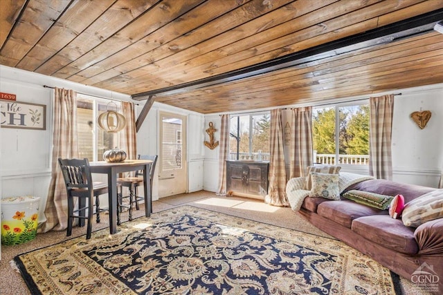 living area with wooden ceiling