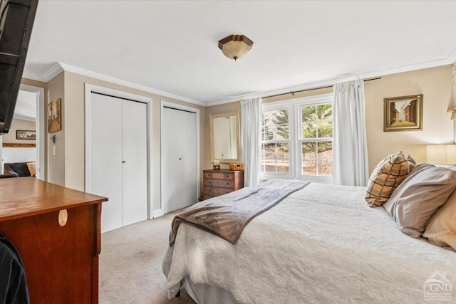 carpeted bedroom with two closets and ornamental molding