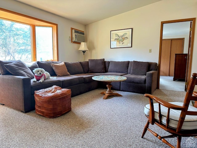 carpeted living room with an AC wall unit and lofted ceiling