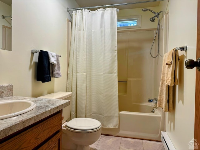 full bathroom featuring shower / bath combo with shower curtain, toilet, tile patterned flooring, baseboard heating, and vanity