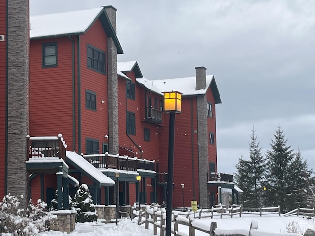 view of snow covered building