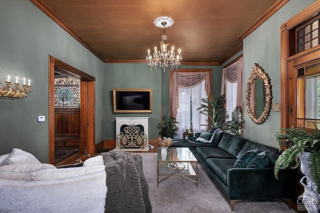 living room with crown molding, a chandelier, and a brick fireplace