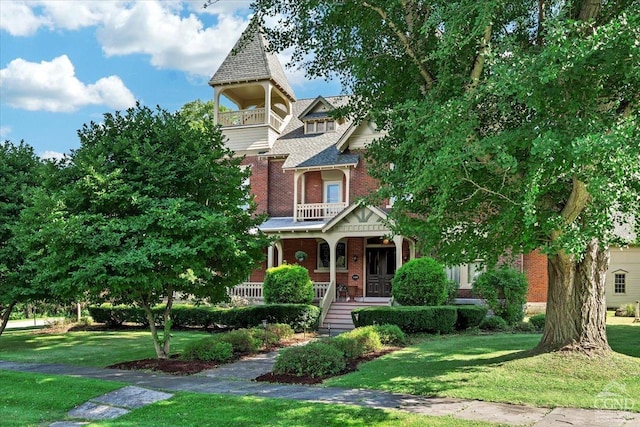 victorian home with a balcony, a porch, and a front yard