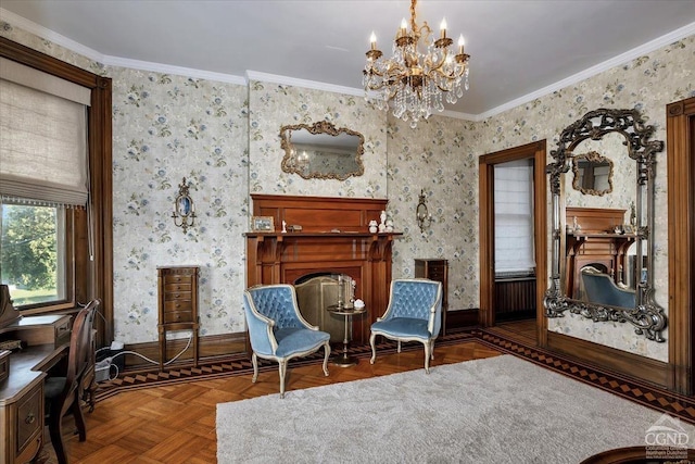 sitting room featuring dark parquet floors, a chandelier, and ornamental molding