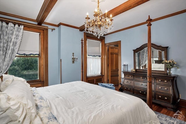 bedroom featuring hardwood / wood-style floors, beamed ceiling, ornamental molding, and a notable chandelier