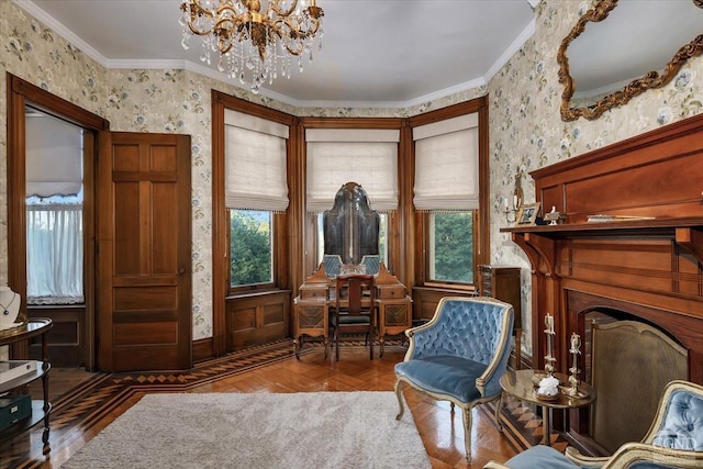 sitting room with parquet floors, crown molding, a wealth of natural light, and an inviting chandelier