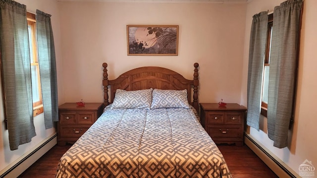 bedroom featuring dark hardwood / wood-style floors and baseboard heating