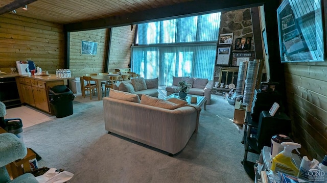 carpeted living room with wood walls and wood ceiling