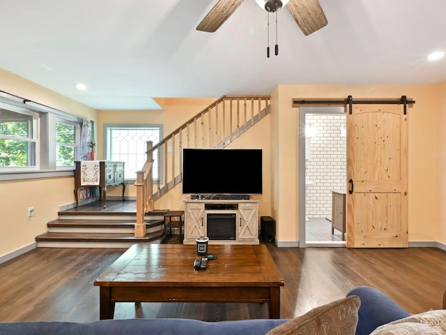 living room with a barn door, ceiling fan, and dark wood-type flooring