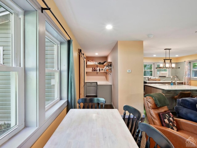 dining area featuring a barn door and sink