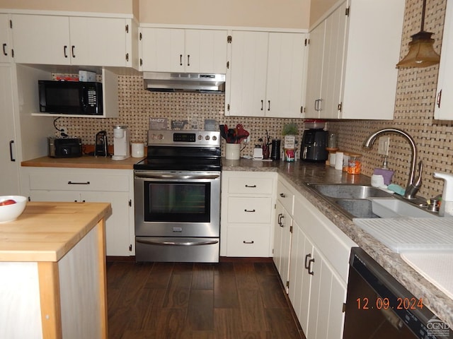 kitchen featuring white cabinetry, black appliances, and range hood