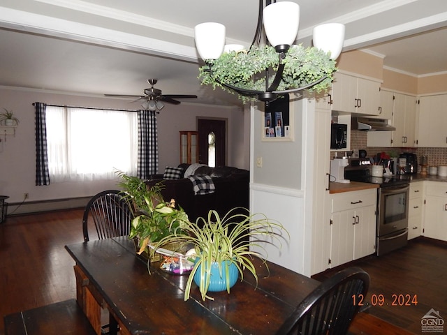 dining room featuring ornamental molding, a baseboard heating unit, ceiling fan, and dark wood-type flooring