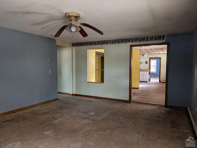 unfurnished room with baseboard heating and ceiling fan