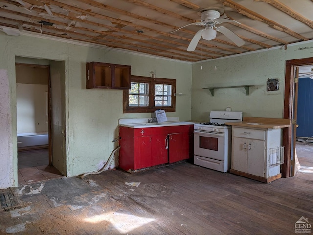 kitchen with ceiling fan, white gas stove, and dark wood-type flooring