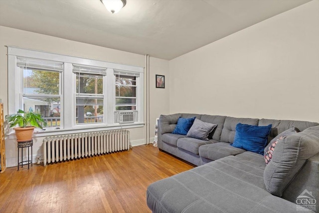 living room featuring radiator heating unit and hardwood / wood-style flooring