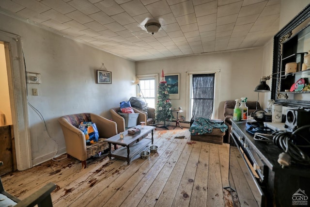 interior space with light wood-type flooring and ornamental molding