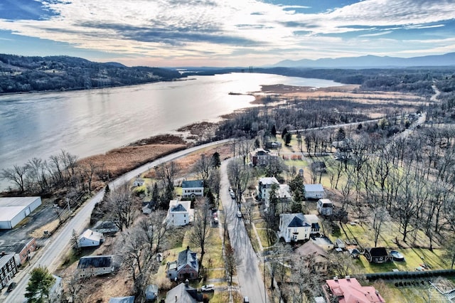 birds eye view of property featuring a water and mountain view