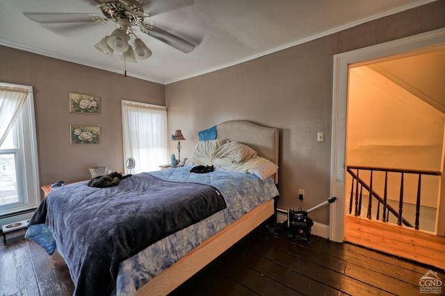 bedroom featuring dark hardwood / wood-style floors, ceiling fan, ornamental molding, and multiple windows