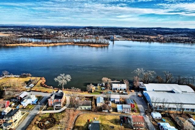 drone / aerial view featuring a water view