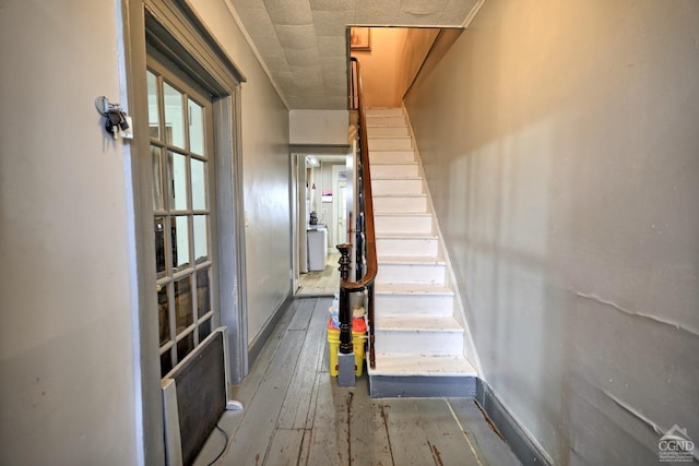 stairs with hardwood / wood-style flooring