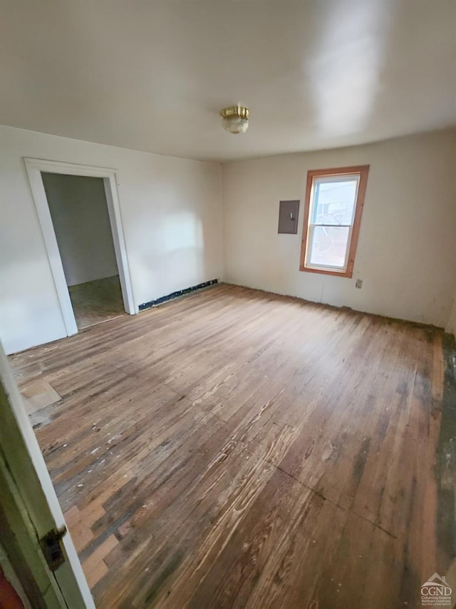 spare room with electric panel and wood-type flooring