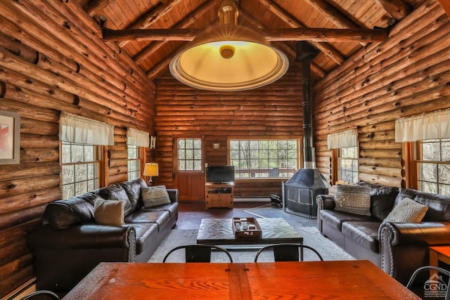 living room featuring a wood stove, rustic walls, high vaulted ceiling, and wooden ceiling