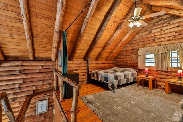 unfurnished bedroom featuring wood ceiling, rustic walls, hardwood / wood-style floors, and vaulted ceiling with beams