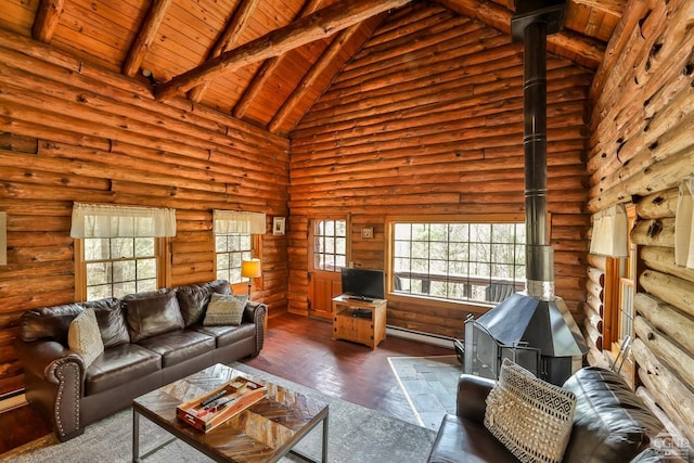 living room with wood ceiling, hardwood / wood-style floors, log walls, beamed ceiling, and a wood stove