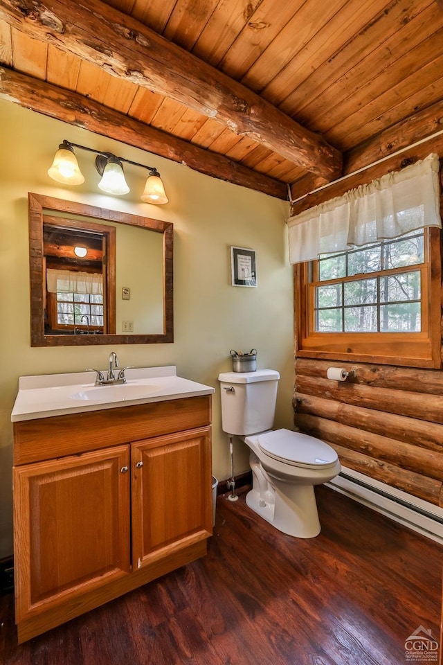 bathroom with wooden ceiling, log walls, wood finished floors, and beamed ceiling