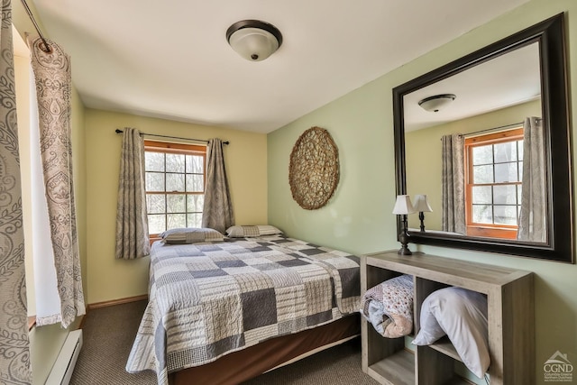 bedroom with carpet floors and baseboard heating