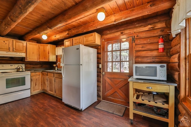 kitchen with under cabinet range hood, white appliances, log walls, wood ceiling, and beamed ceiling