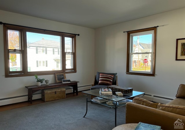 living room featuring a baseboard heating unit