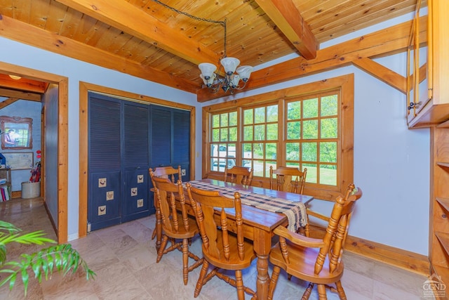 dining room with beamed ceiling, wooden ceiling, and a chandelier