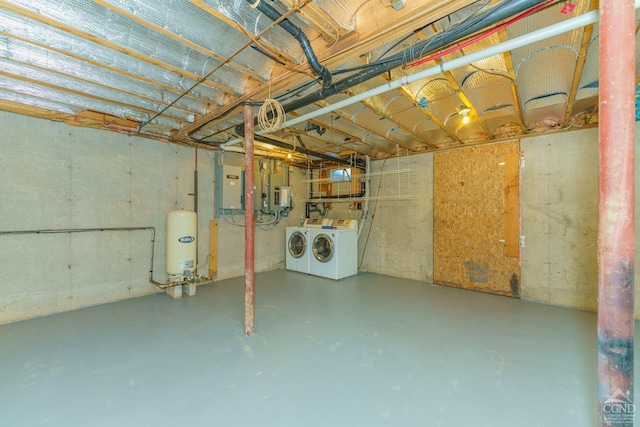 basement with washing machine and dryer and electric panel